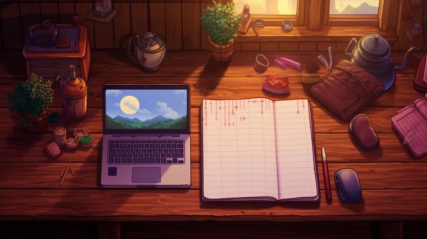 8-bit pixel art showing a laptop and notebook, inspired by Stardew Valley, generated by MidJourney